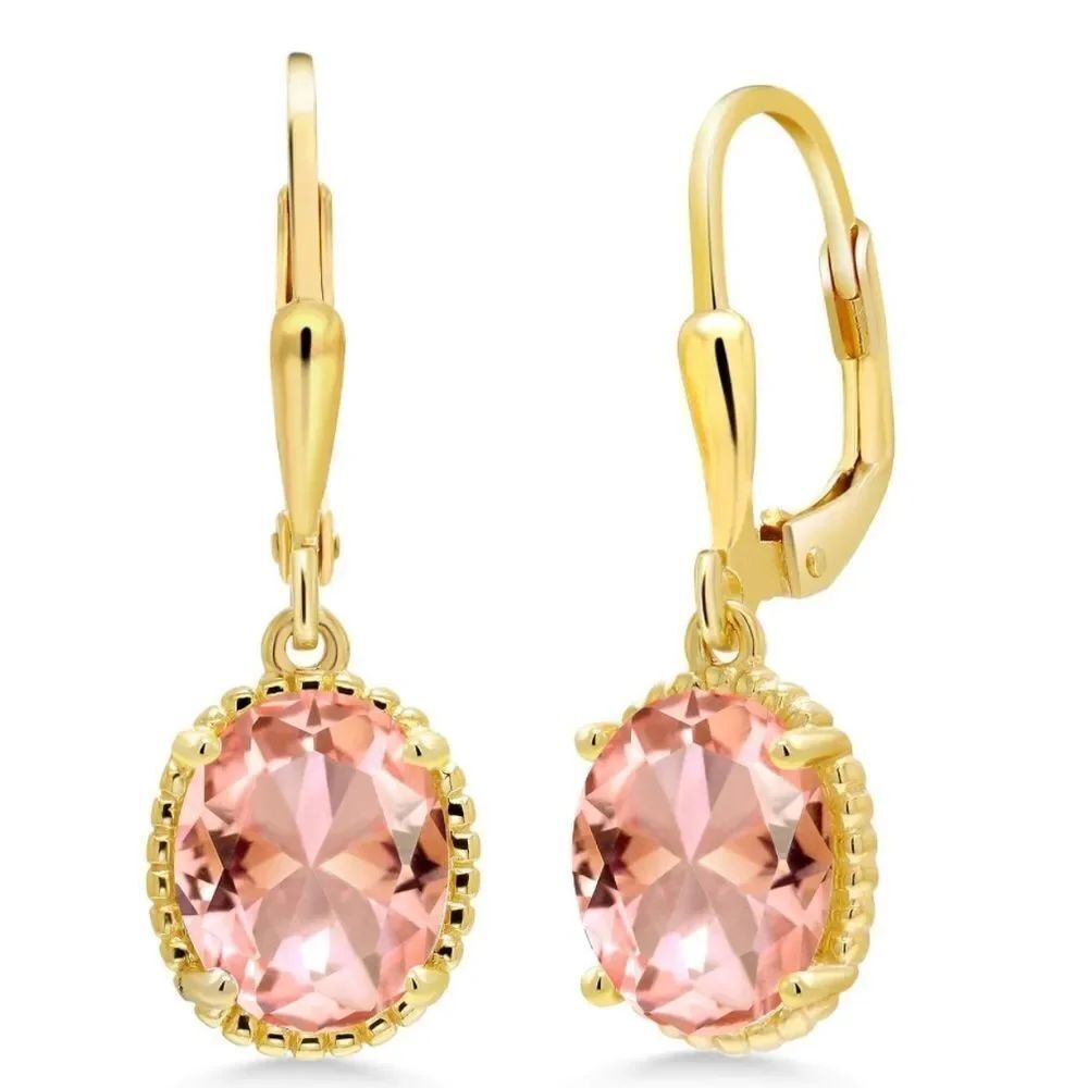 18K Yellow Gold 925 with 4.00 Cttw Peach Morganite Oval Leverback Hook Earrings